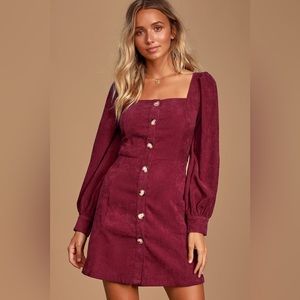 NWT: Lulu’s Amabelle Burgundy Corduroy Long Sleeve Button-Up Mini Dress